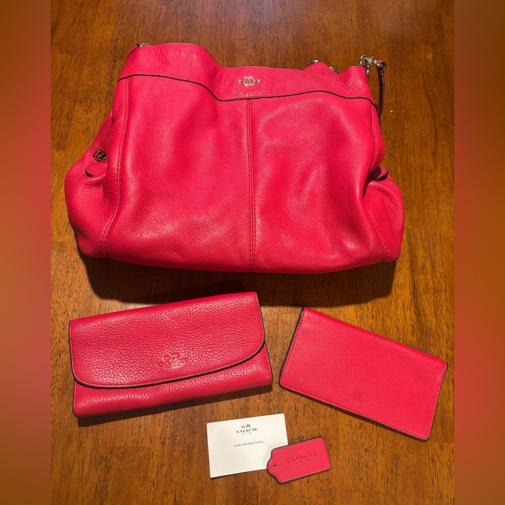 L0034 PL Raspberry Red Coach Lexy Bag, Wallet, Checkbook, & Keychain in dustbag